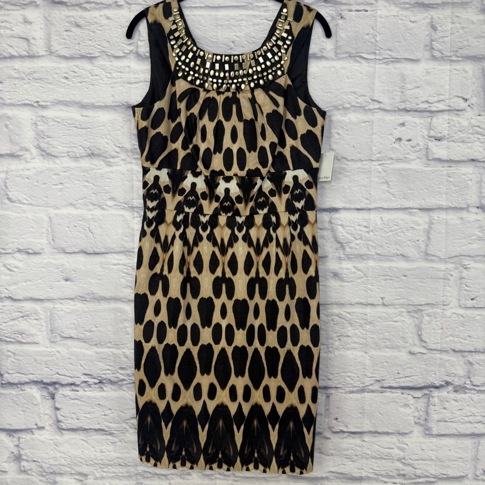 Calvin‎ Klein Women's Leopard Print Sheath Dress Embellished Neck Size 8 NWT